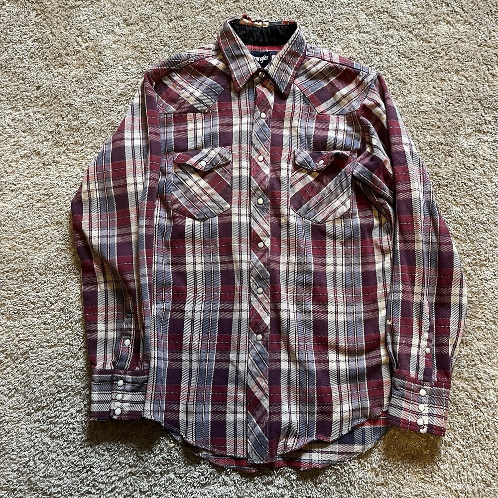 VTG 90s Wrangler Plaid Flannel Pearl Snap Shirt Men XL Long-Sleeve‎ Heavyweight